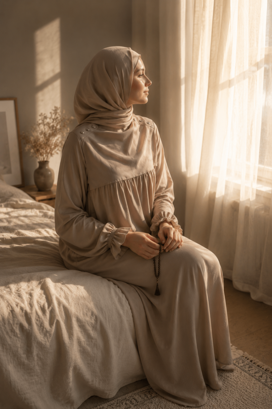 Woman in REVERT wear prayer dress by a softly lit window