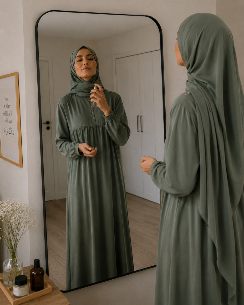 Standing softly in a sage dress